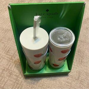 New {Kate Spade} White and Pink Strawberry Tumbler Set